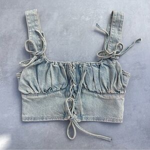 Asyou Denim Lace Up Corset Bustier Crop Top